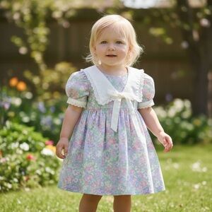 Charming Pastel Floral Baby Dress with Lace Collar 3T